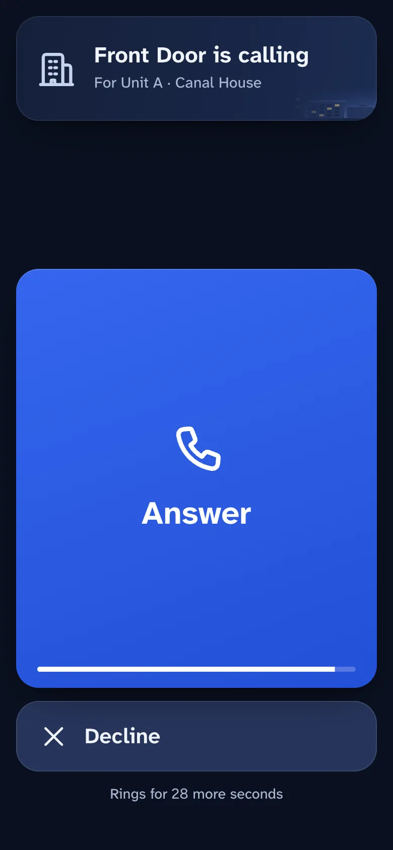 The resident's phone showing an incoming call from the Front Door, with Answer and Decline buttons.