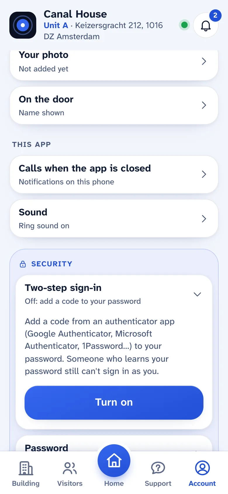 The Security section of the resident app, with two-step sign-in.